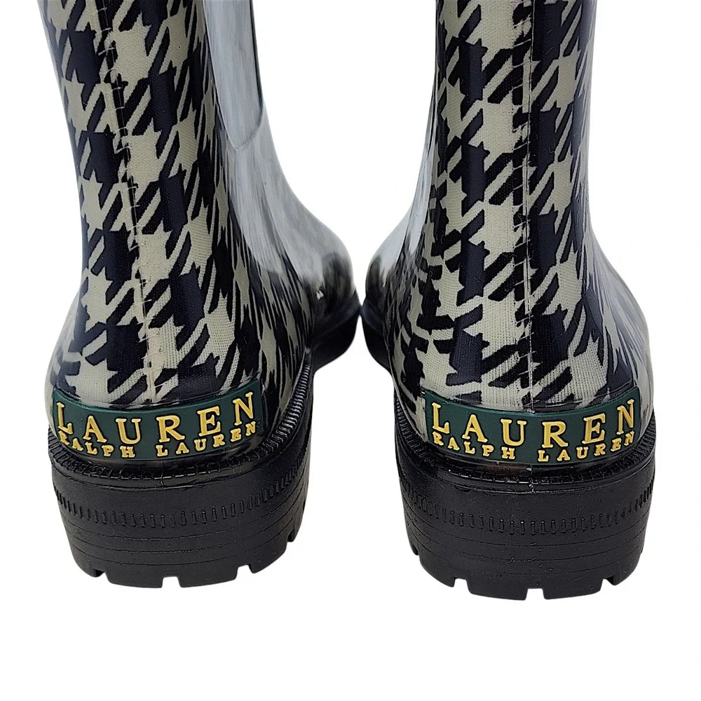 Lauren Ralph Lauren Rain Boots 10 Wom Rossalyn II Black Houndstooth Buckle Tall